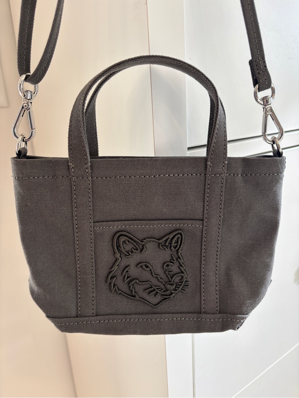 Maison Kitsune mini fox head tote in grey never used